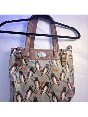 Women's Fossil Gray & Purple Bird Print Canvas Tote Bag One Size